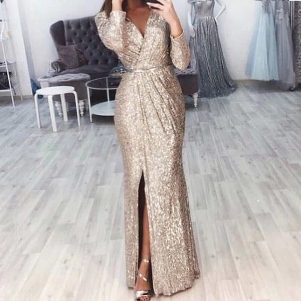 Elegant V-Neck Sequin Maxi Dress with High Split