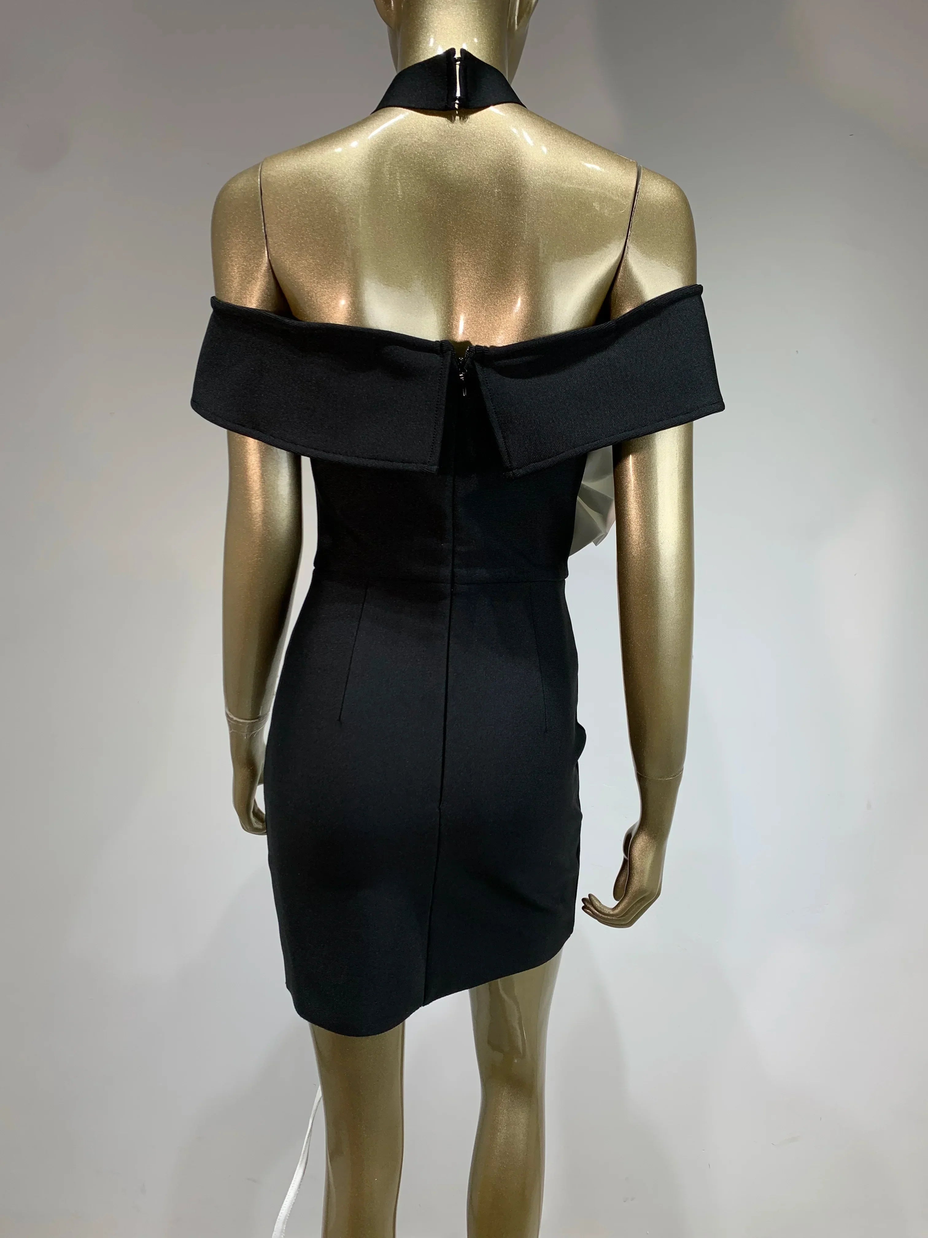 Elegant Off-Shoulder White Floral Black Mini Bodycon Dress - Image 15