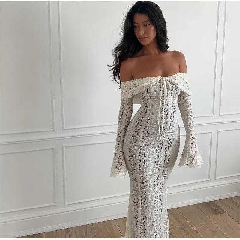 Elegant White Floral Lace Off-Shoulder Maxi Dress for Women - Image 27