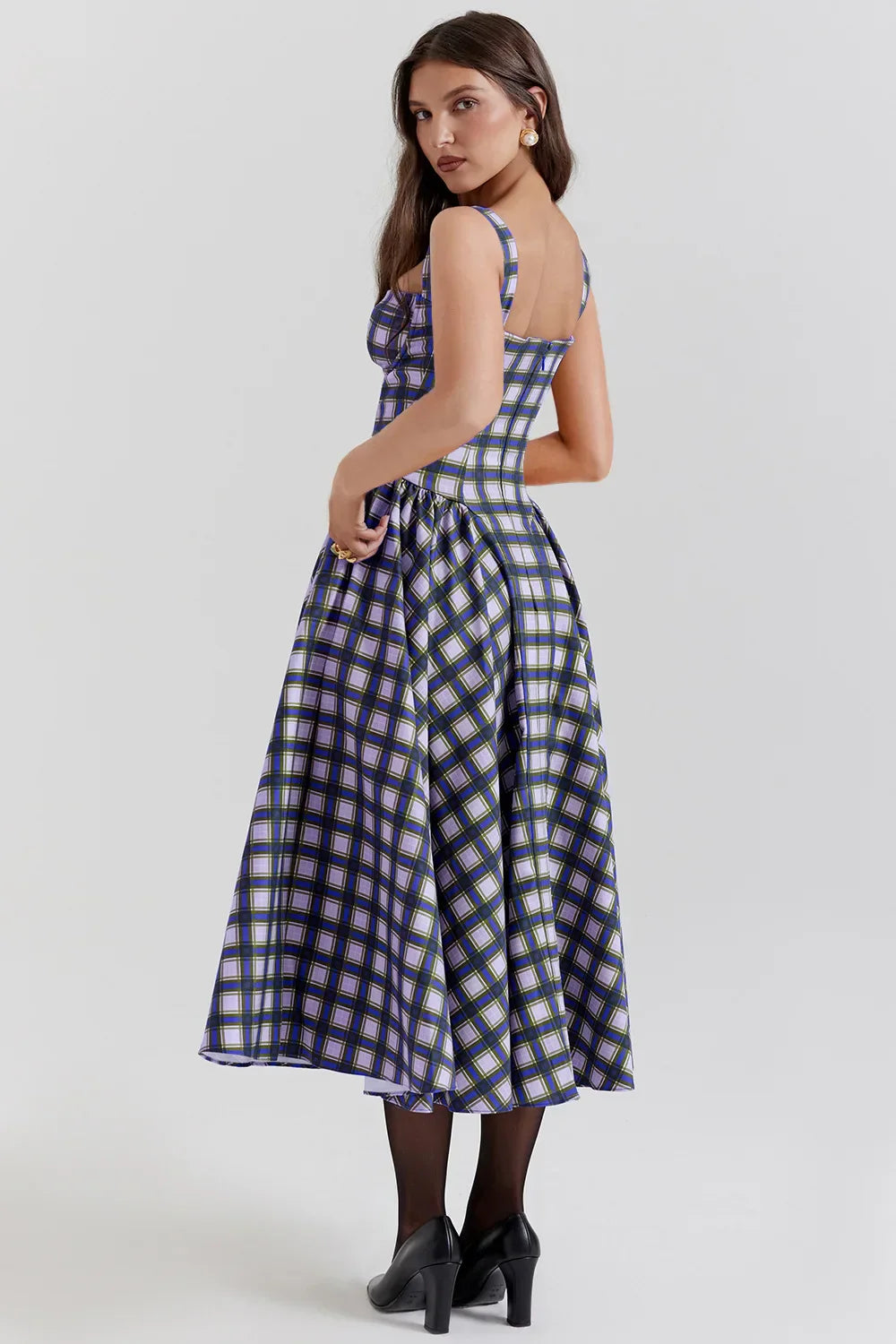 Elegant A-line Plaid Midi Dress with Spaghetti Straps - Image 16