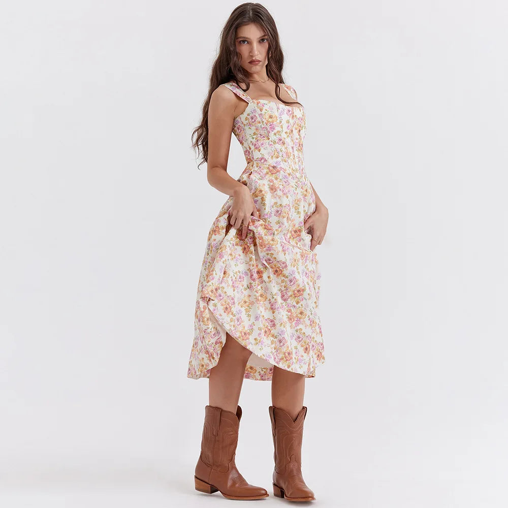 Elegant Green Lace-Up Floral Print Summer Dress for Women - Image 23