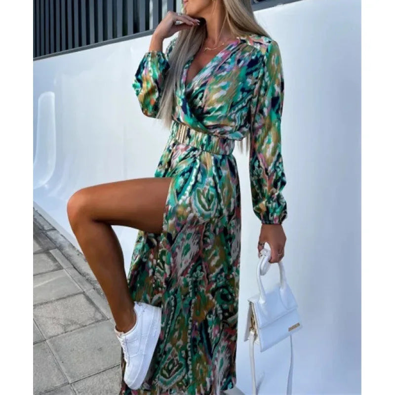 Elegant Floral Print Long Dress with Deep V-Neck - Image 17
