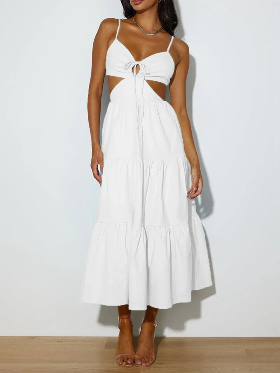 Bohemian V-Neck Cutout Midi Dress with Back Tie