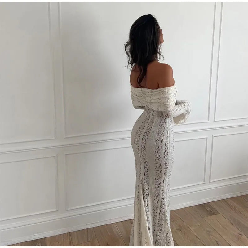 Elegant White Floral Lace Off-Shoulder Maxi Dress for Women - Image 30