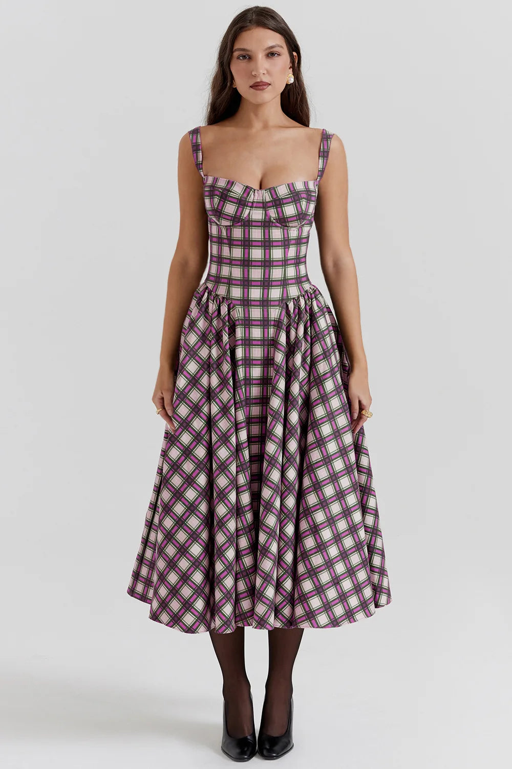 Elegant A-line Plaid Midi Dress with Spaghetti Straps - Image 28