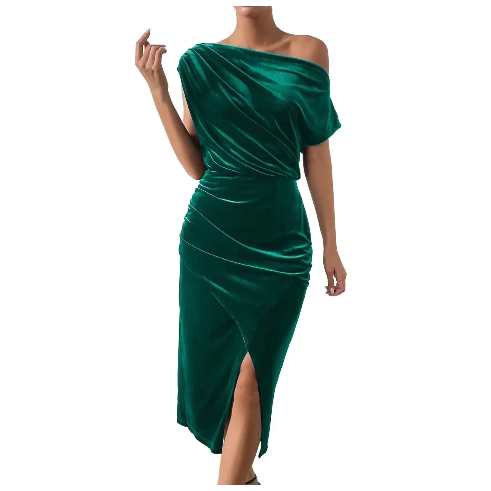 Elegant One-Shoulder Summer Dress with Velvet Skirt - Image 9