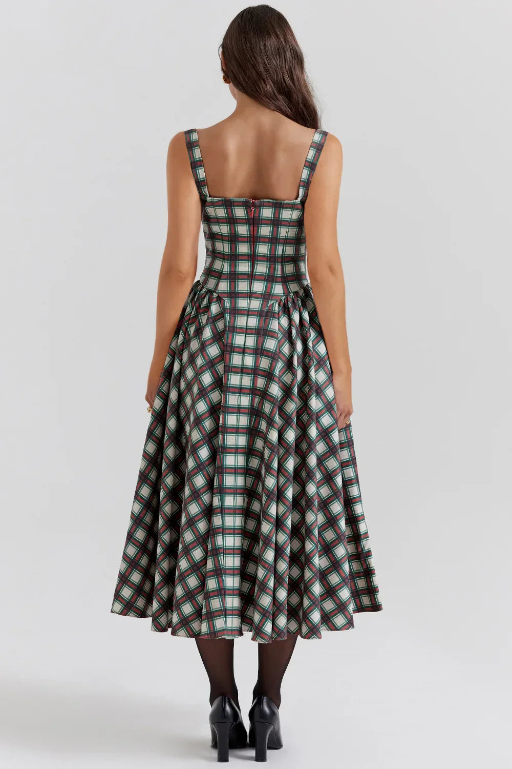 Elegant A-line Plaid Midi Dress with Spaghetti Straps - Image 22