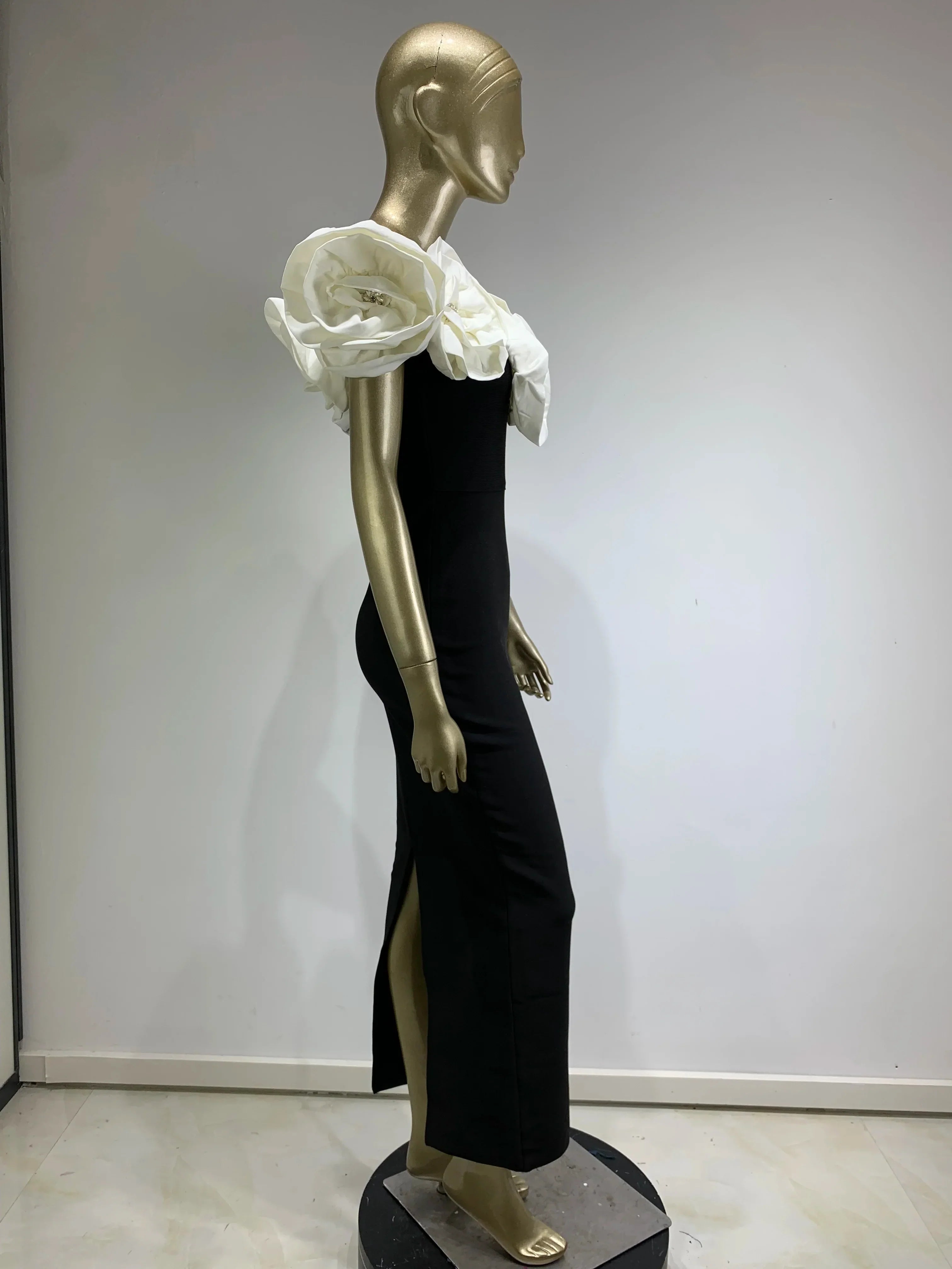 Elegant Off-Shoulder Black Maxi Dress with Floral Accents - Image 11