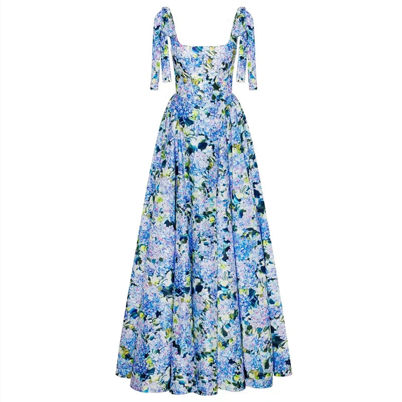 Floral Print Maxi Dress with Square Collar and Lace-up Detail - Image 6