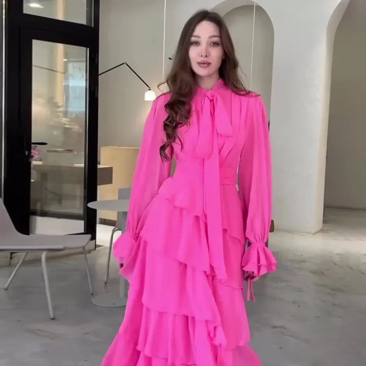 Autumn Ruffle Leaf Chiffon Semi-Turtleneck Dress for Women - Image 3