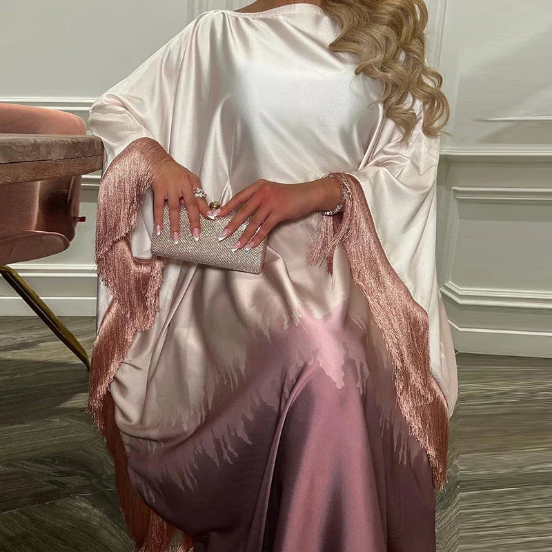 Elegant Gradient Print Tassel Batwing Sleeve Robe Dress - Image 10