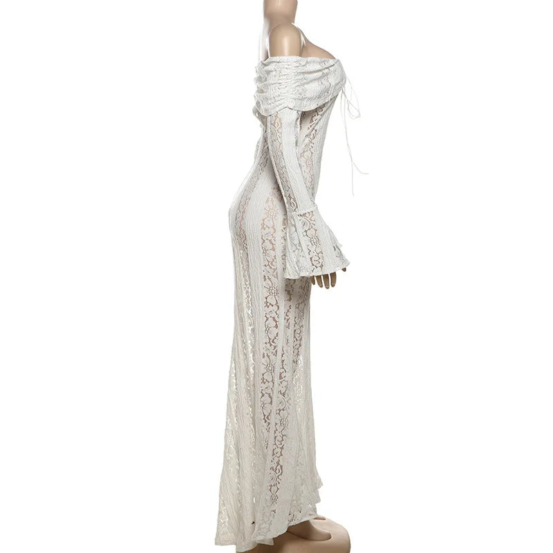 Elegant White Floral Lace Off-Shoulder Maxi Dress for Women - Image 17