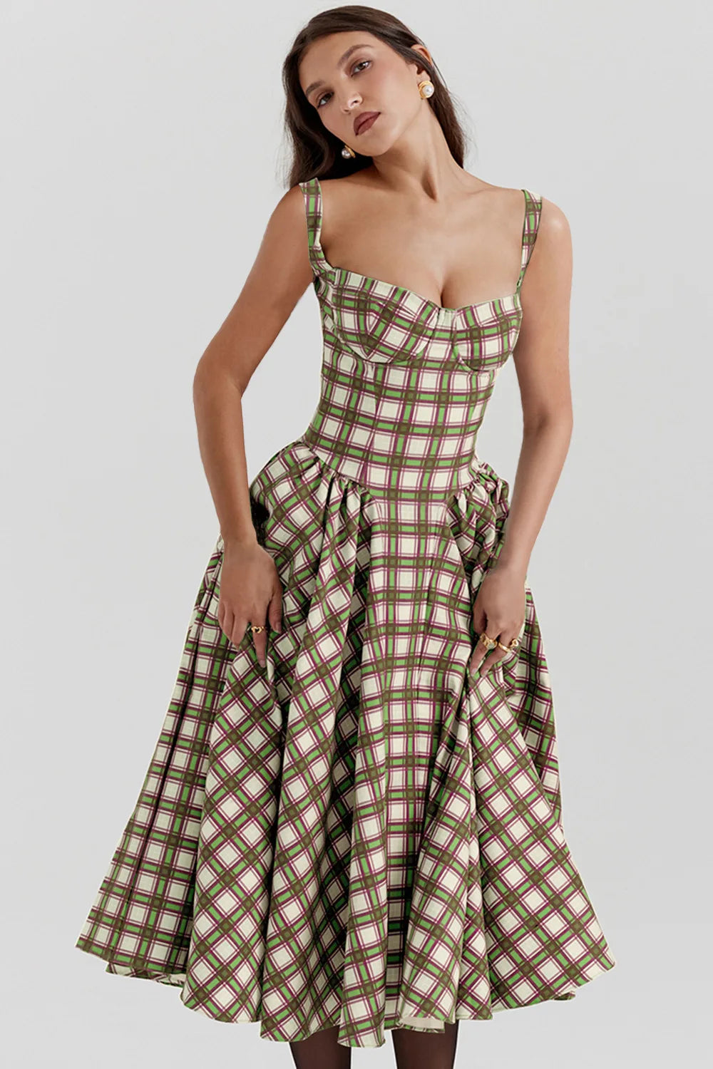 Elegant A-line Plaid Midi Dress with Spaghetti Straps - Image 33