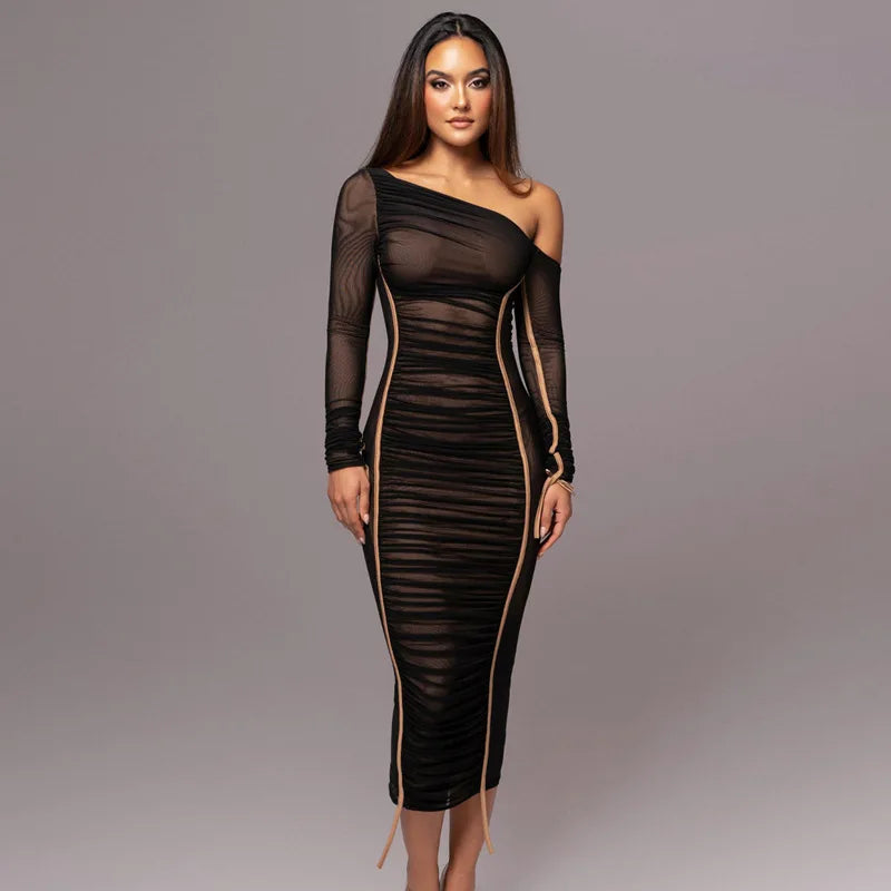 Sloping Neck Backless Midi Dress with Pleated Layers - Image 14