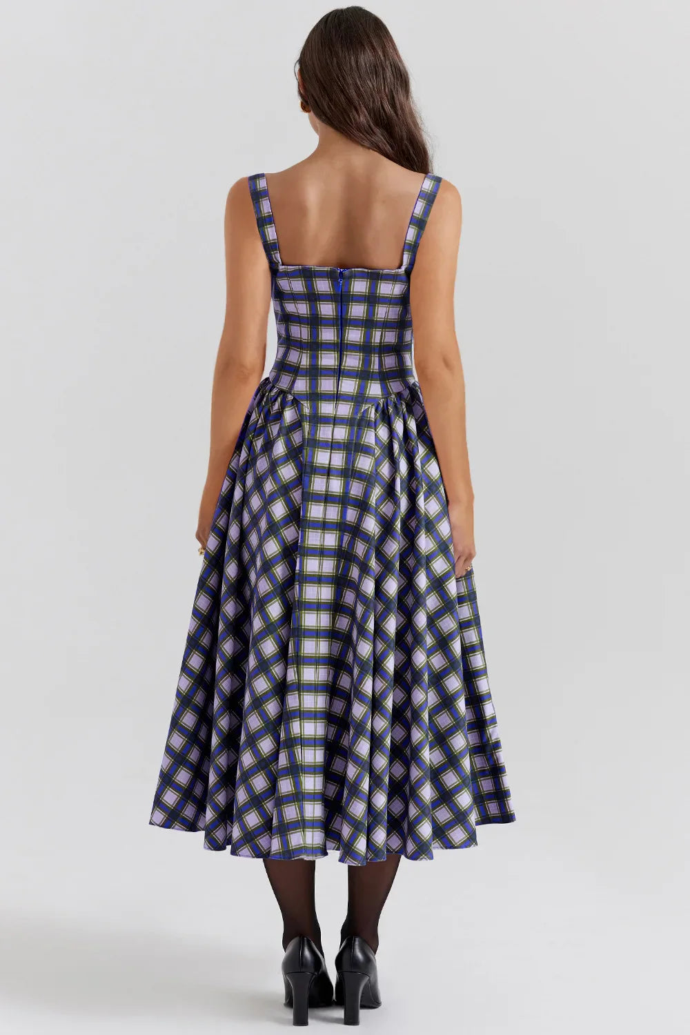 Elegant A-line Plaid Midi Dress with Spaghetti Straps - Image 14
