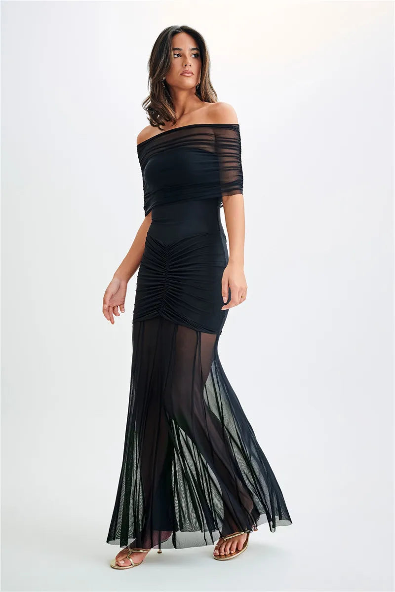 Elegant Off-Shoulder Ruched Maxi Dress for Summer Events - Image 26