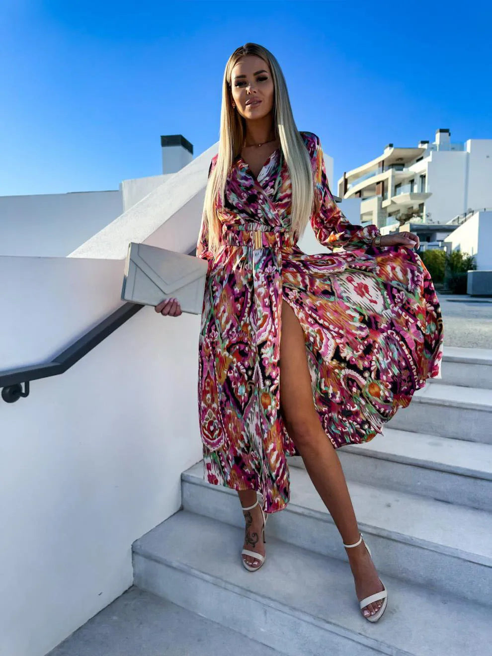 Elegant Floral Print Long Dress with Deep V-Neck - Image 9