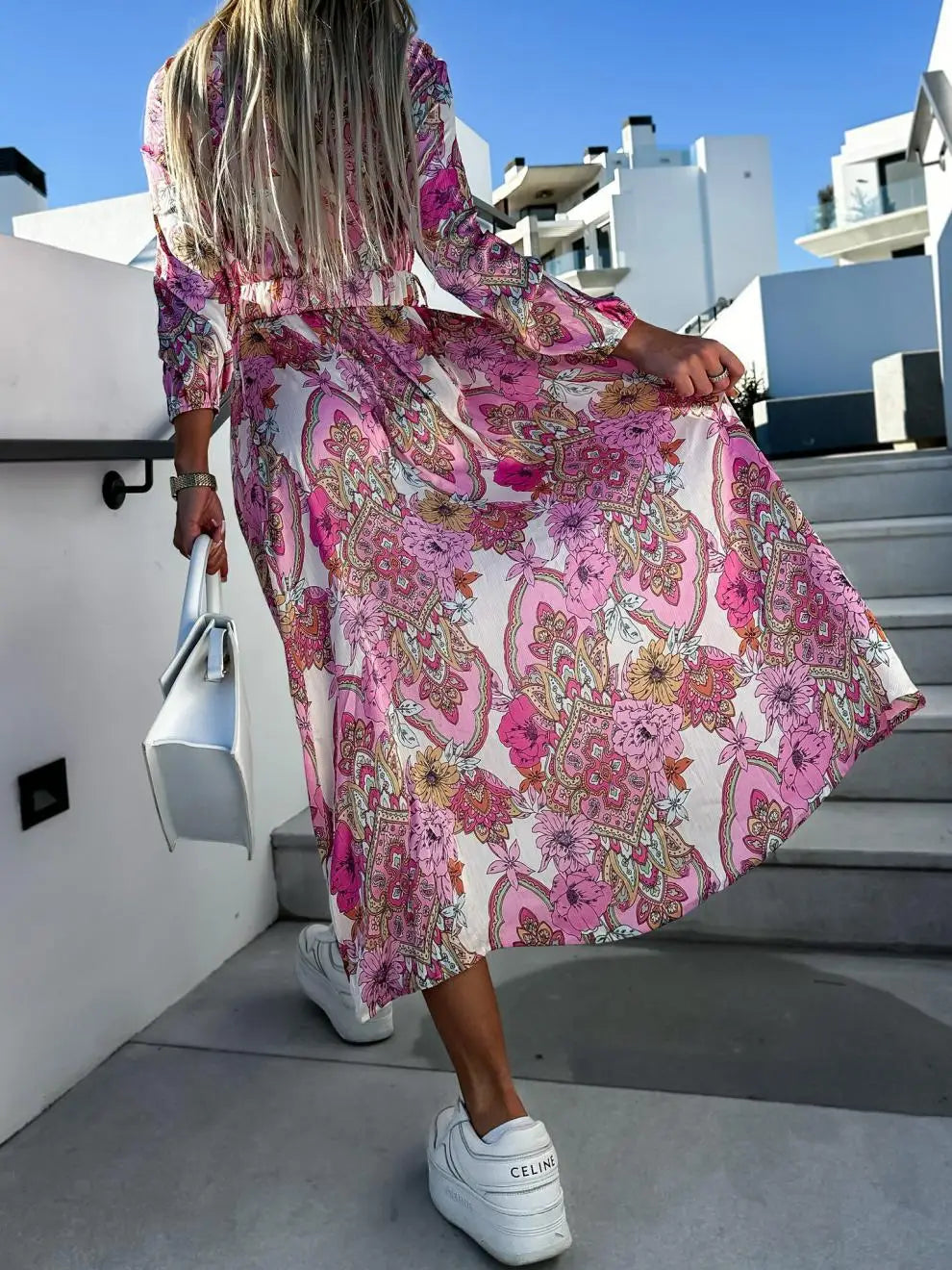 Elegant Floral Print Long Dress with Deep V-Neck - Image 20