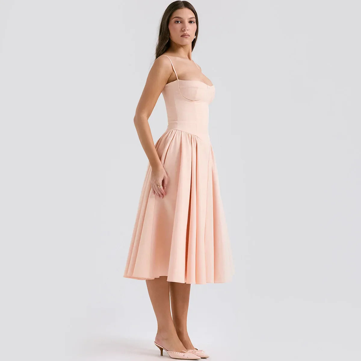 Elegant Sleeveless Midi Dress with Frill Hem & Corset - Image 75