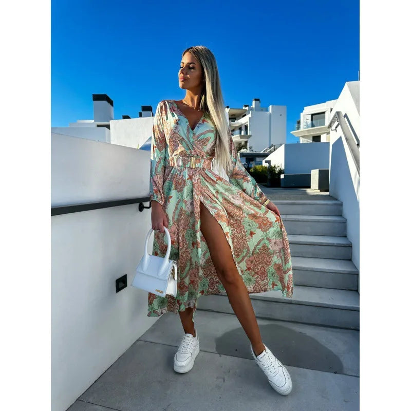 Elegant Floral Print Long Dress with Deep V-Neck - Image 5