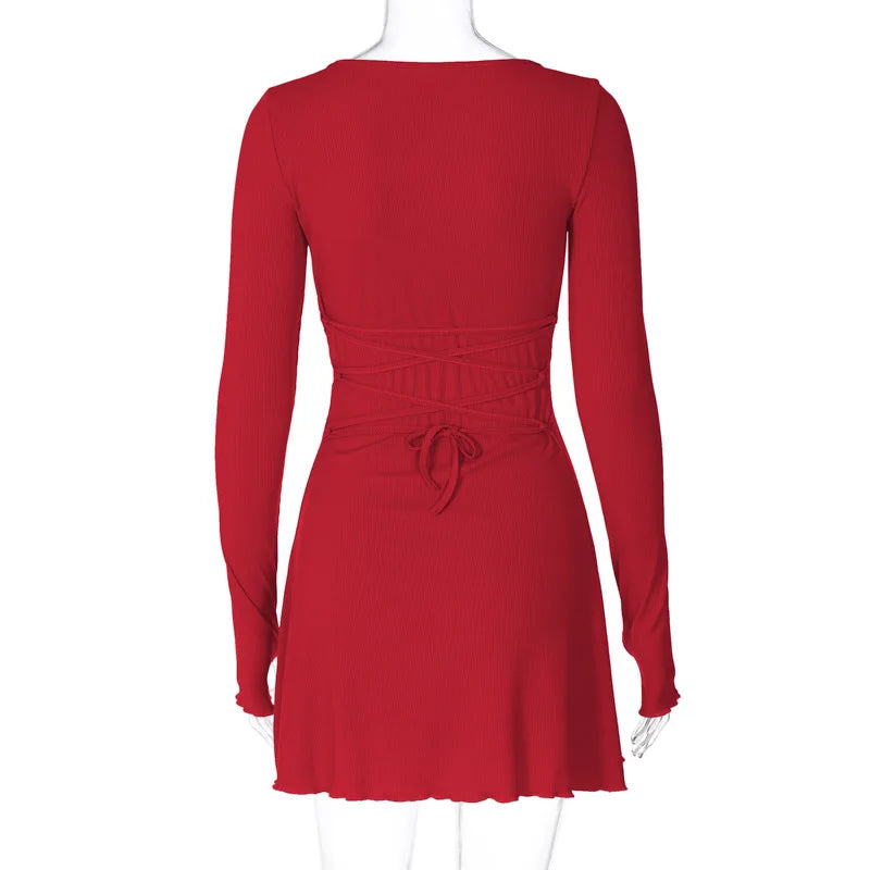 Chic High Waist A-Line Lace-Up Autumn Dress - Image 30