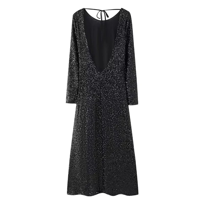 Elegant Backless Long Sleeve Sequined Vintage Dress for Women - Image 11