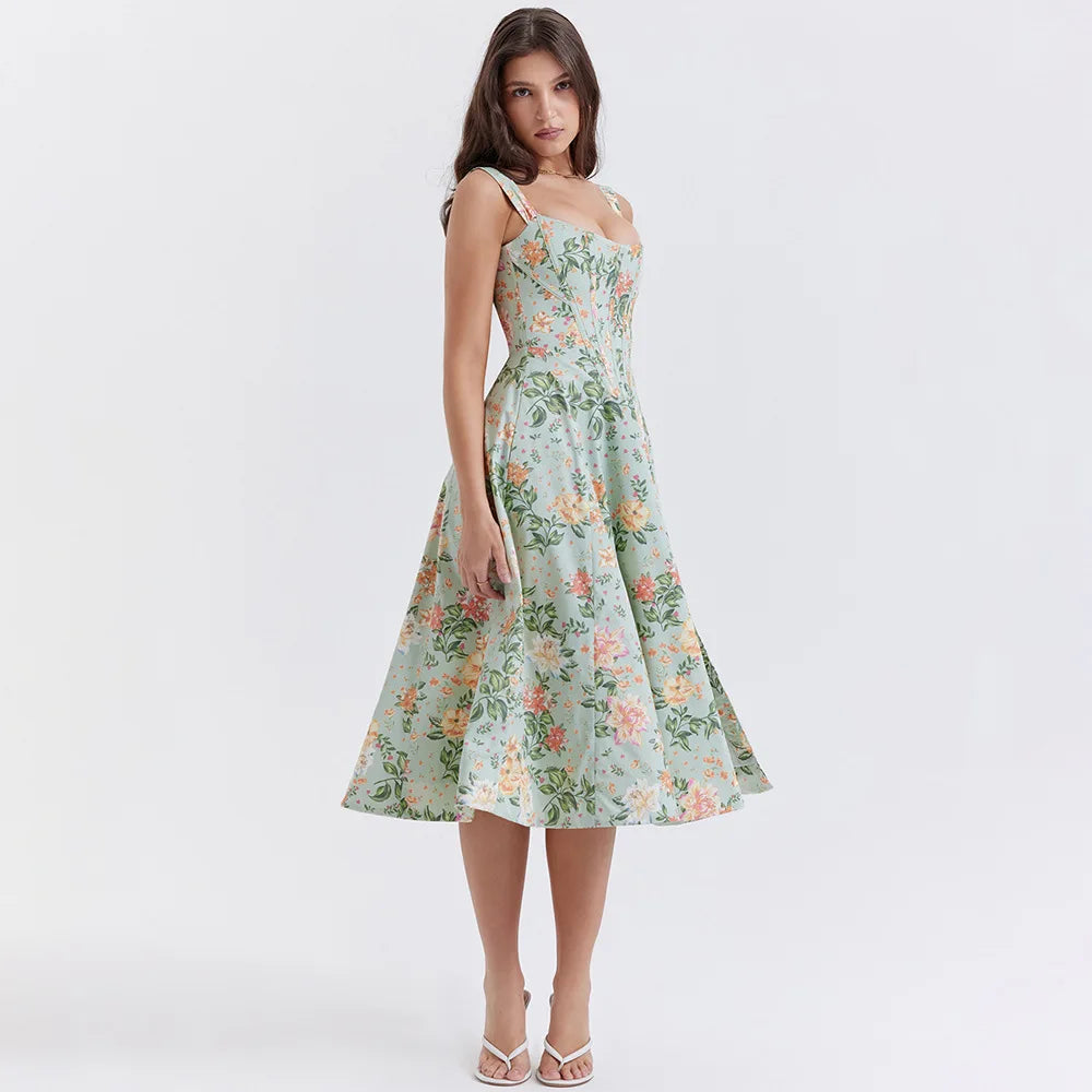 Elegant Green Lace-Up Floral Print Summer Dress for Women - Image 14