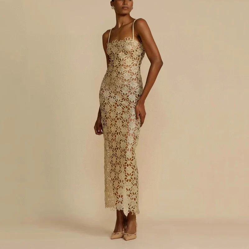 Stylish Hollow Out French Lace Halter Dress for Parties