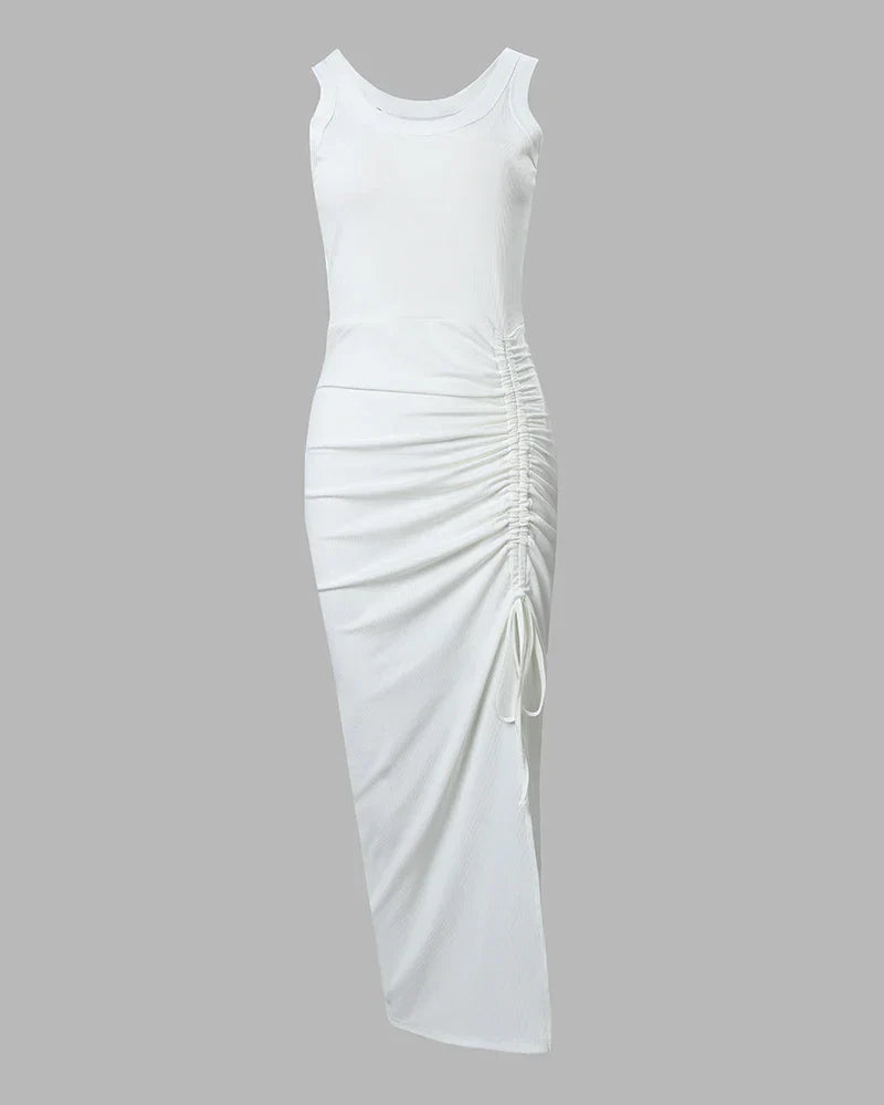 Ribbed Sleeveless Drawstring Ruched High Slit Dress - Image 11