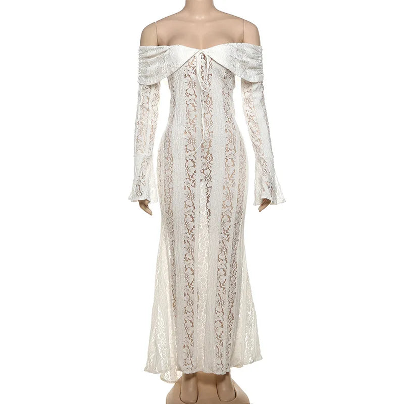 Elegant White Floral Lace Off-Shoulder Maxi Dress for Women - Image 16