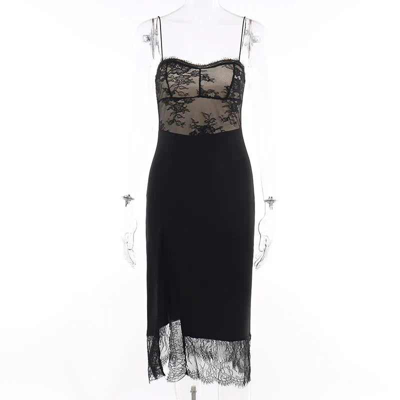 Elegant Black Lace Spaghetti Strap Midi Dress for Date Nights - Image 16