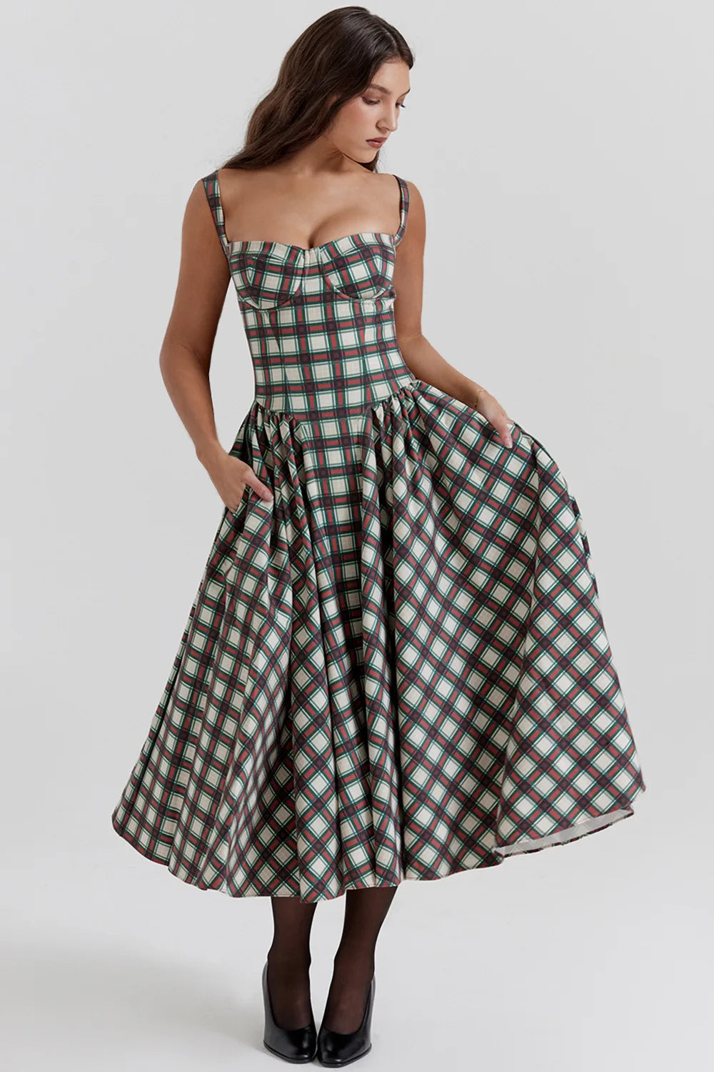 Elegant A-line Plaid Midi Dress with Spaghetti Straps - Image 18