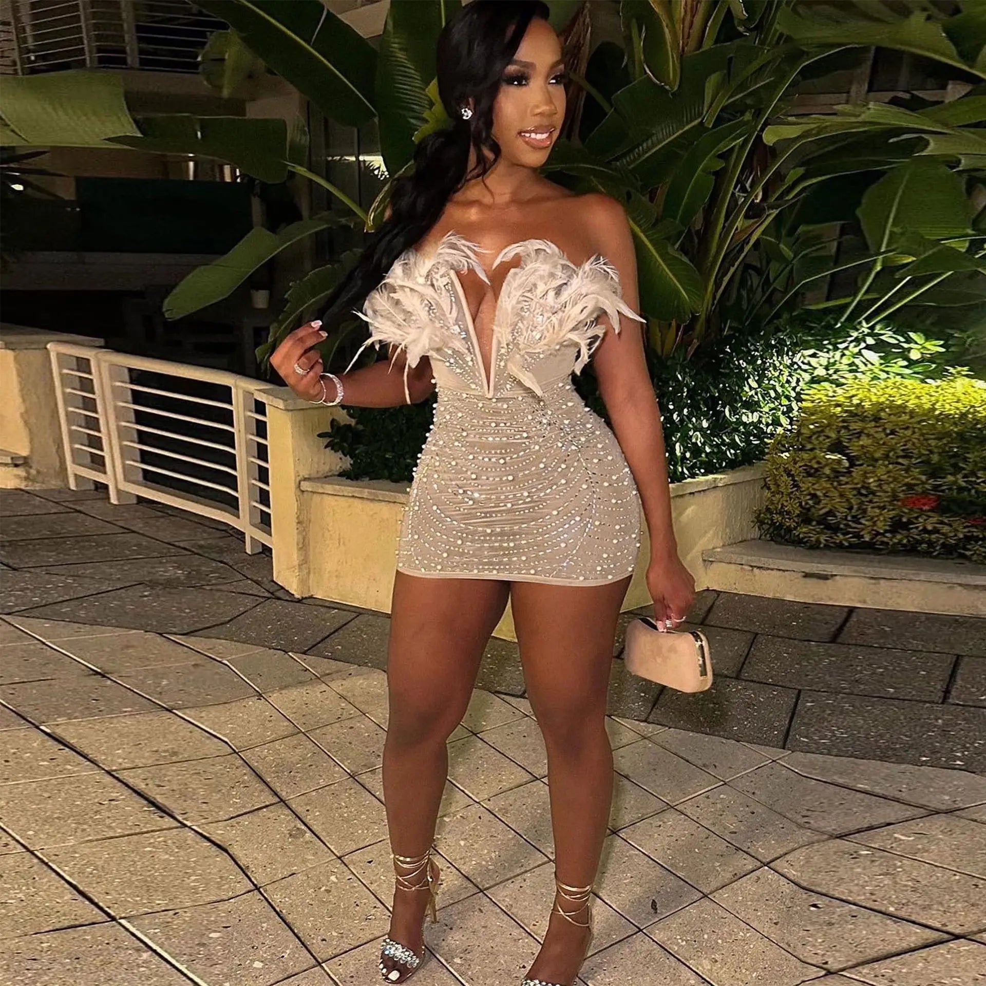 Sexy High Waist Feather Bodycon Mini Dress for Parties
