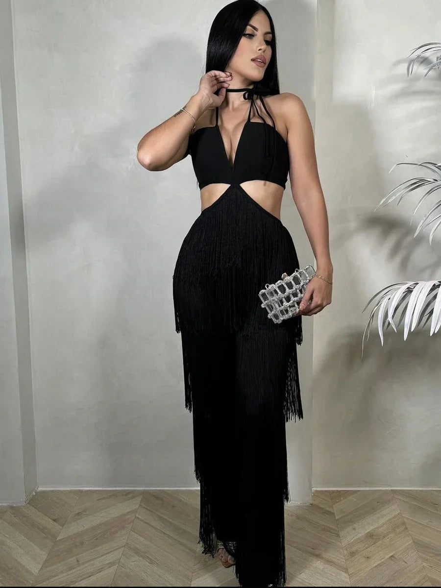 Elegant Backless Tassel Halter Dress for Night Parties - Image 4