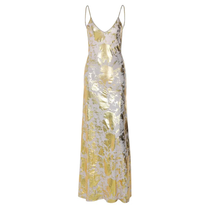 Elegant Gold Foil Bodycon Maxi Dress for Parties - Image 6
