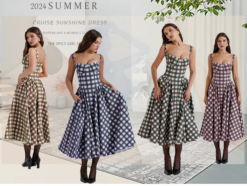 Elegant A-line Plaid Midi Dress with Spaghetti Straps - Image 8
