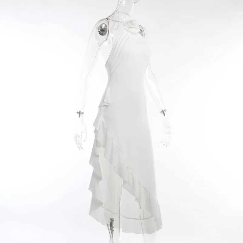 Elegant Backless Floral Ruffle Dress with Slit Detail - Image 22