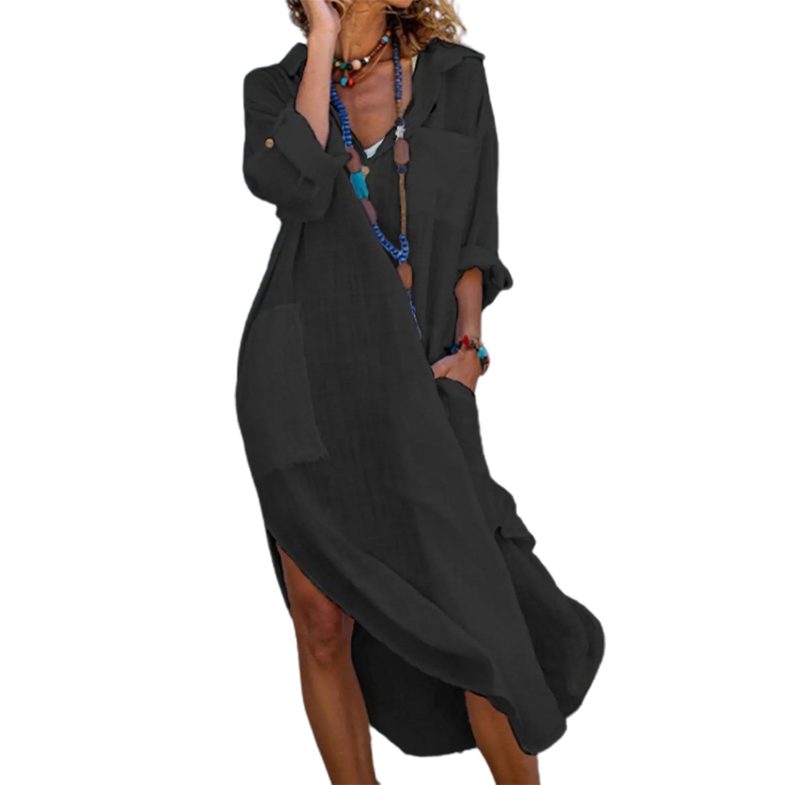 Stylish V-Neck Midi Dress with Pockets for Women - Image 5
