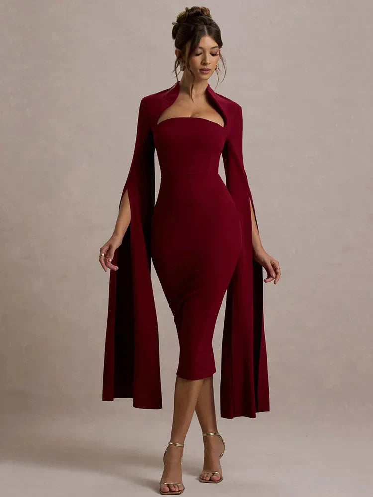 Long Sleeve Bodycon Midi Dress with Square Collar - Image 2