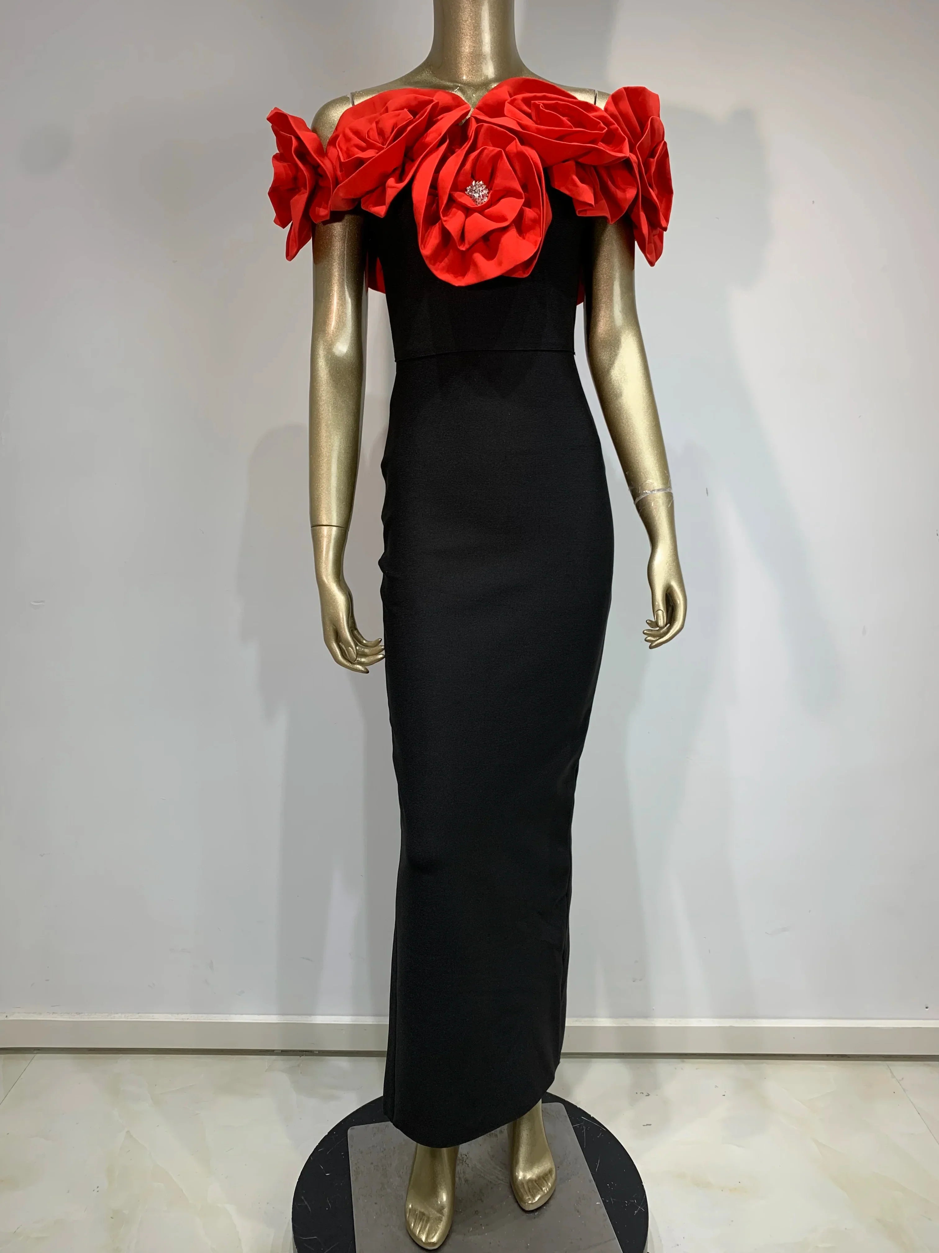 Elegant Off-Shoulder Black Maxi Dress with Floral Accents - Image 6