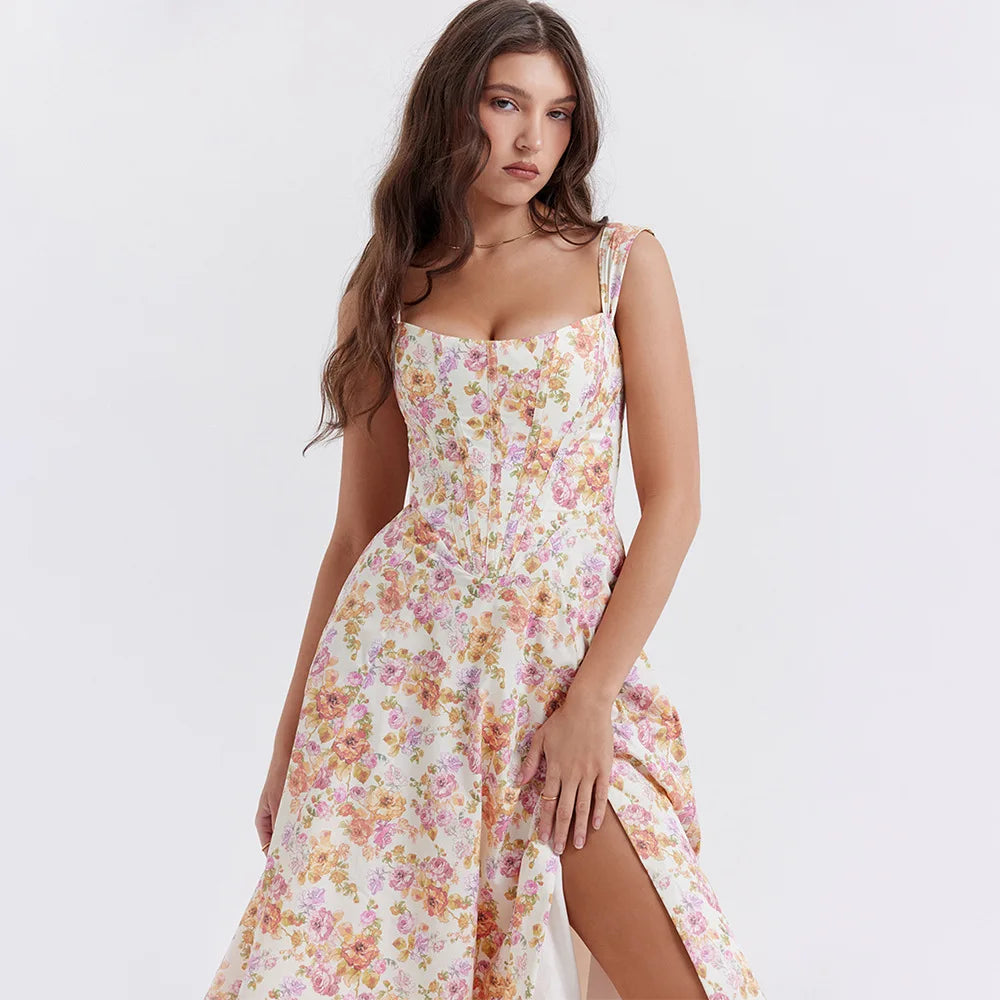 Elegant Green Lace-Up Floral Print Summer Dress for Women - Image 29