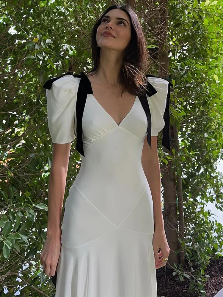 Elegant High Waist Bow Lace-Up Maxi Dress for Women - Image 4