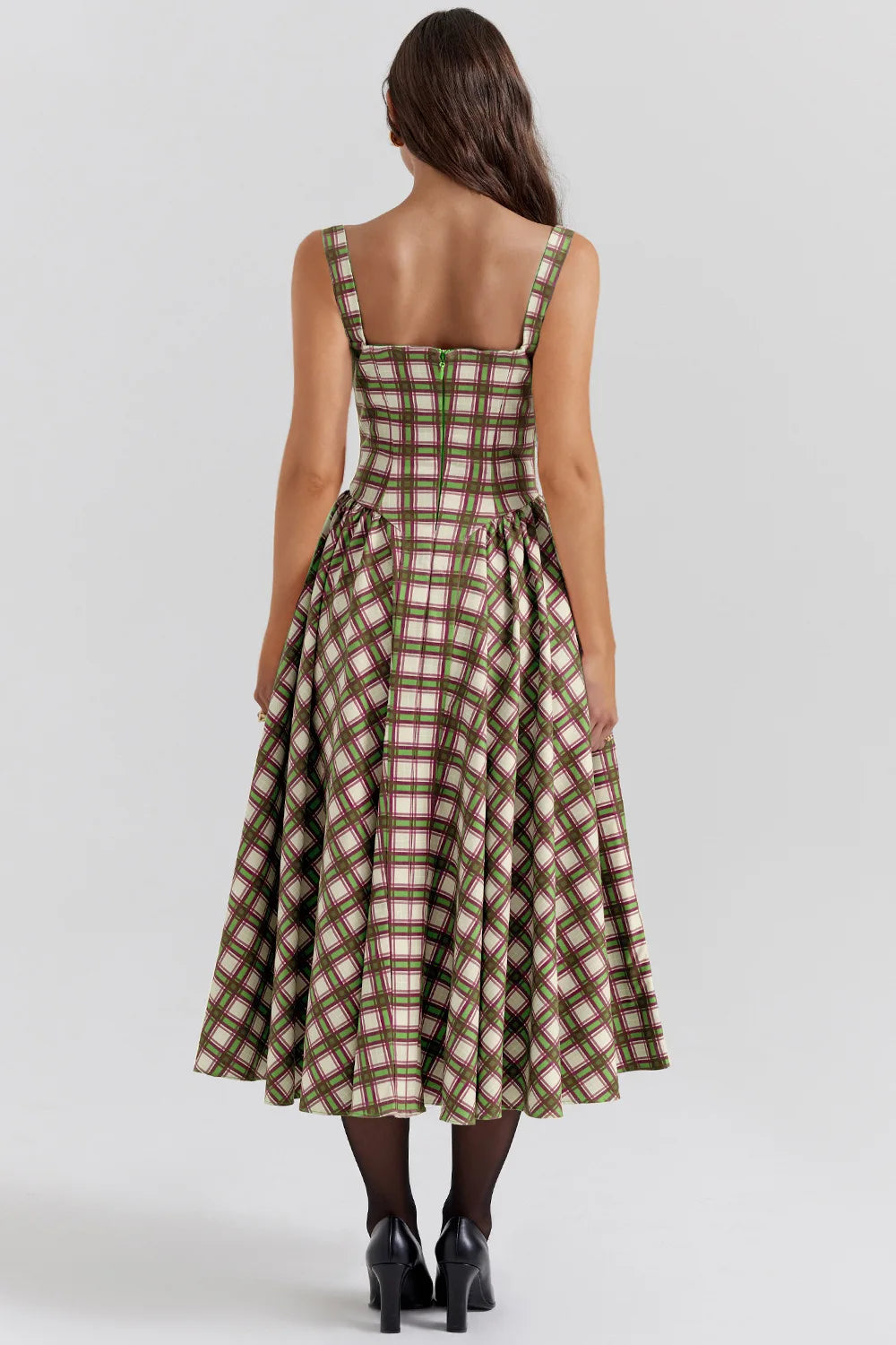 Elegant A-line Plaid Midi Dress with Spaghetti Straps - Image 31