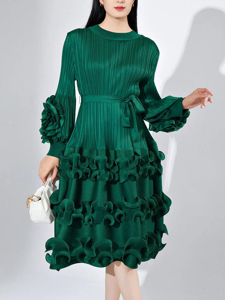 Elegant Floral Pleated Dress with Round Neck for Women - Image 12