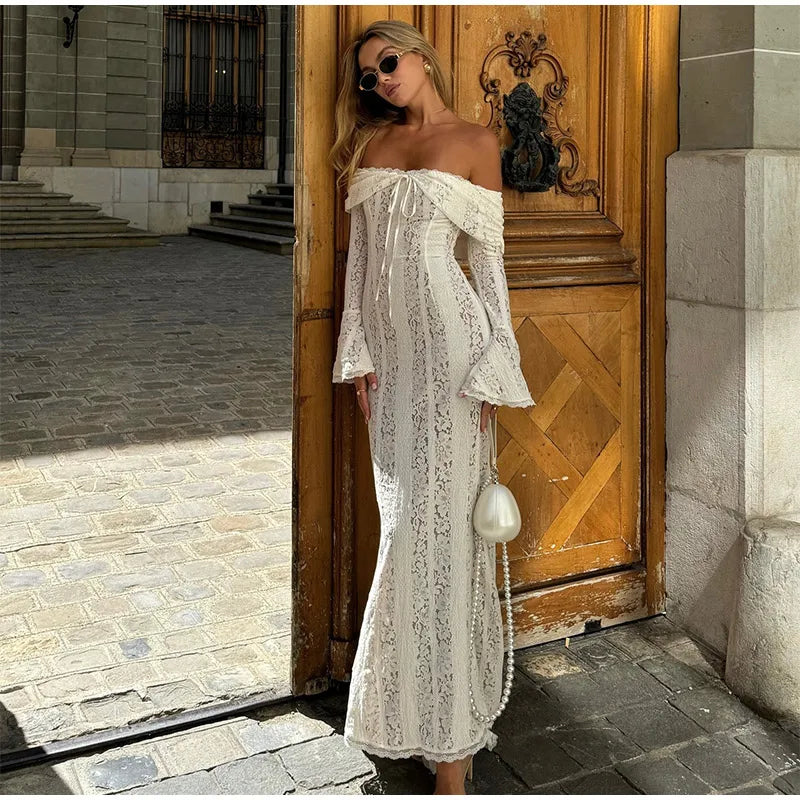 Elegant White Floral Lace Off-Shoulder Maxi Dress for Women - Image 20
