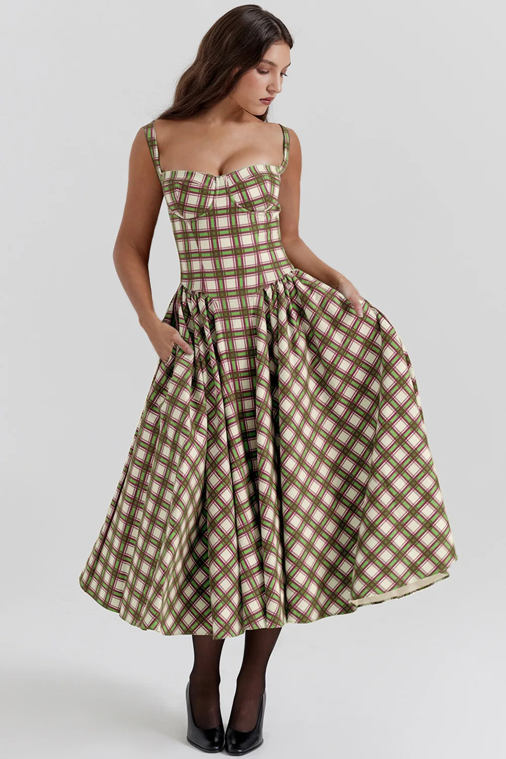 Elegant A-line Plaid Midi Dress with Spaghetti Straps - Image 29