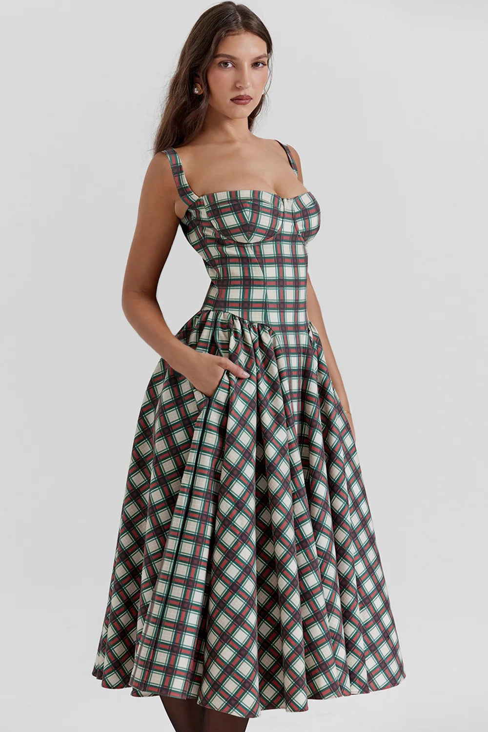 Elegant A-line Plaid Midi Dress with Spaghetti Straps - Image 20