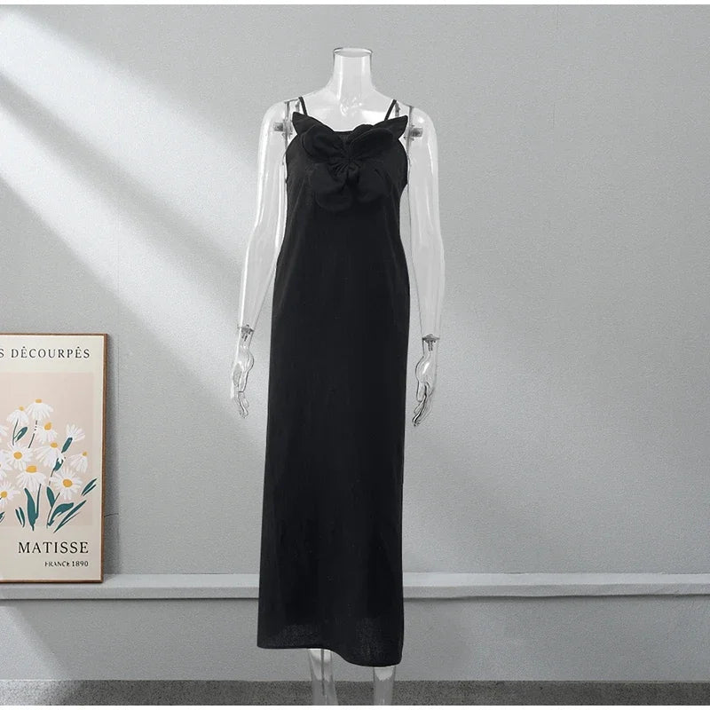 Elegant Cotton Linen Split Maxi Dress with 3D Flowers - Image 16