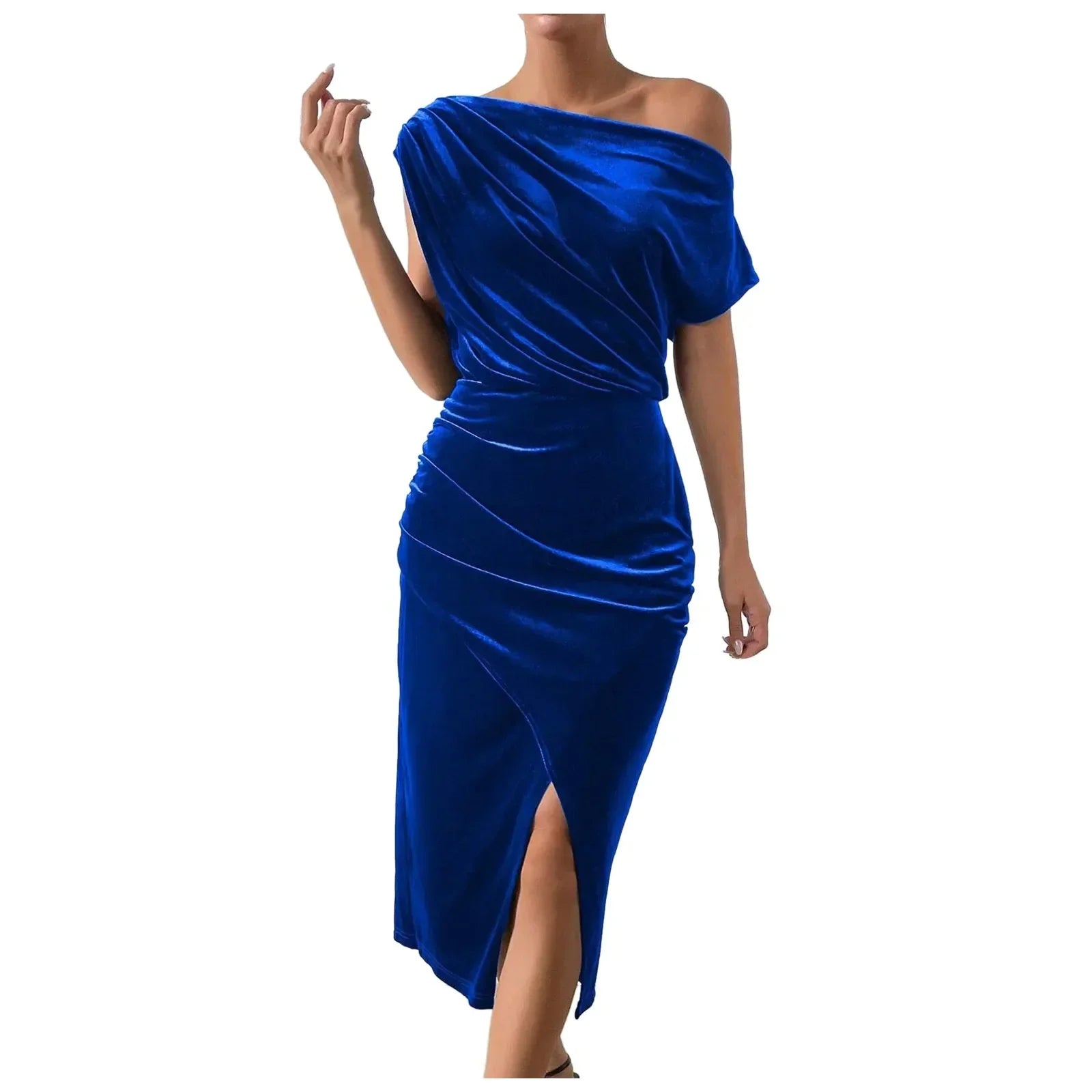 Elegant One-Shoulder Summer Dress with Velvet Skirt - Image 5
