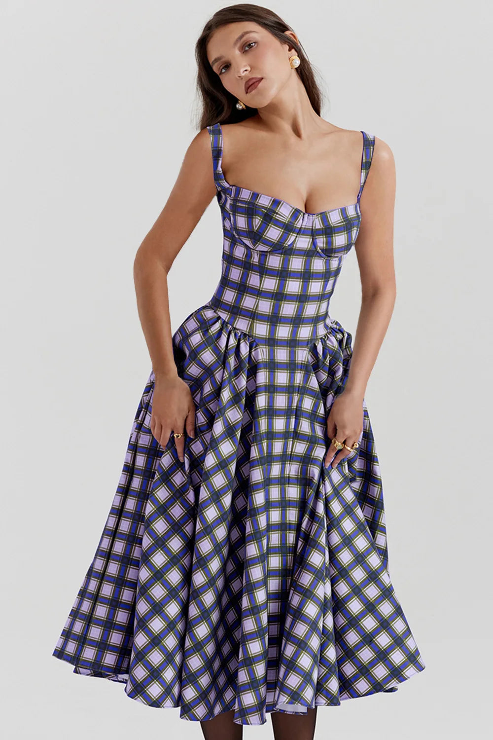 Elegant A-line Plaid Midi Dress with Spaghetti Straps - Image 12